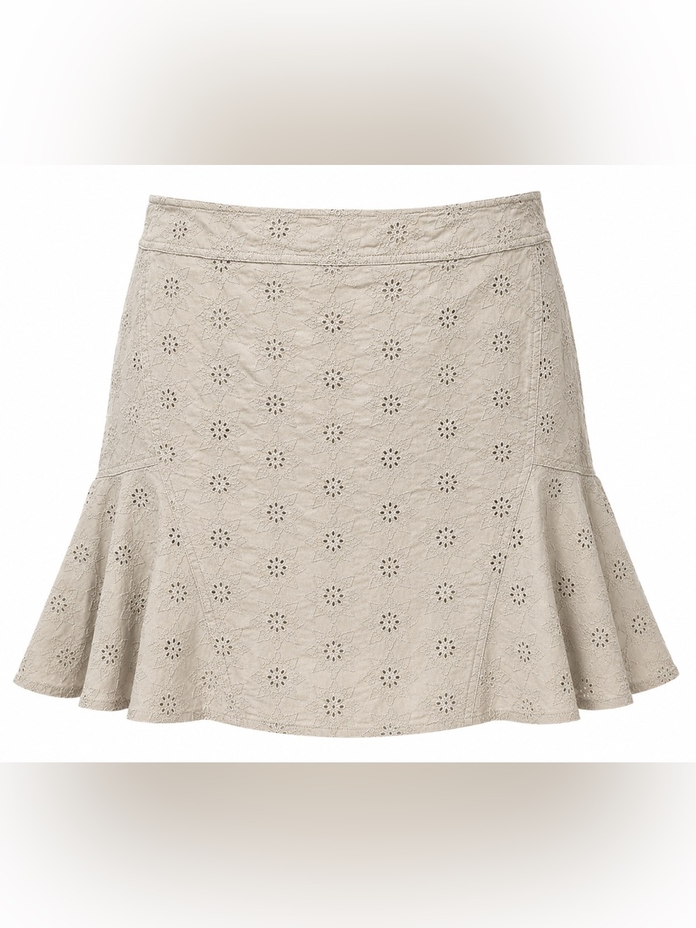 Tribal Eyelet Embroidered Cotton Skirt Size 14 Beige Tan Boho Flounce Hem